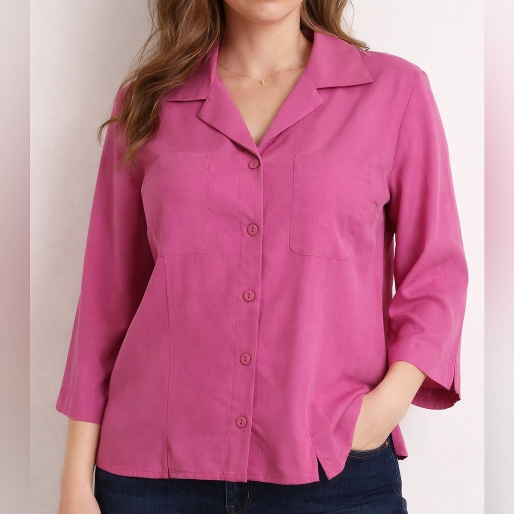 Carole Little 100% Silk Raspberry Blouse Size L Barbiecore Button Front Top